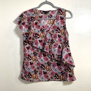 Banana Republic Women's Pink Red Floral Print Ruffle Sleeveless Top Size S